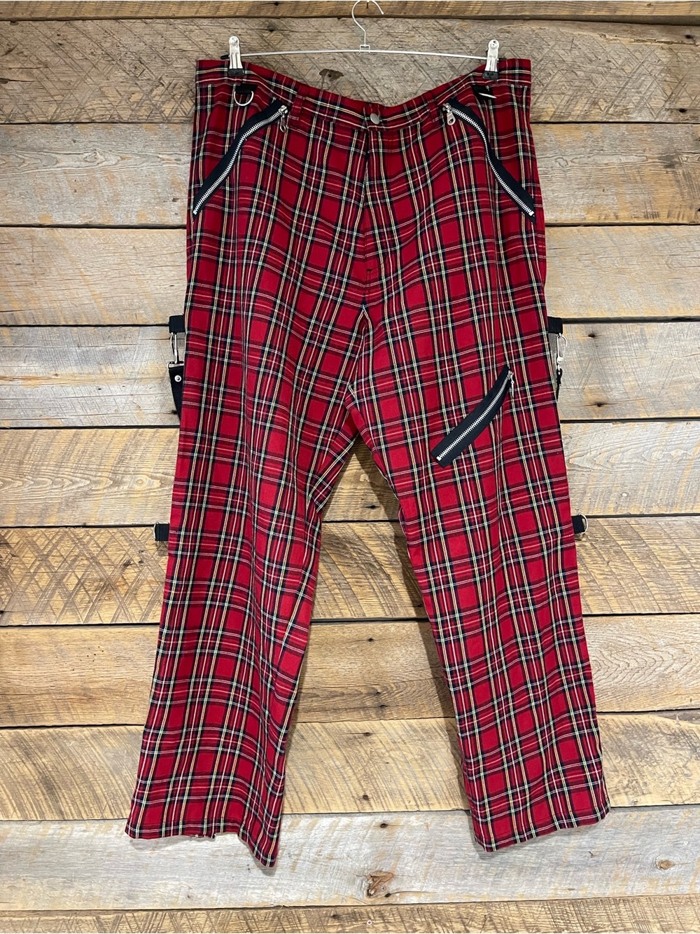 VTG Morbid Threads Red Plaid Bondage Pants Mens Sz 40 Punk Goth Y2K Zippers
